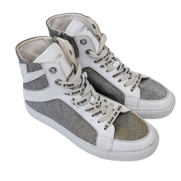 Zadig & Voltaire ZV1747 High Flash Sneakers Women’s Sz 7 White Metallic Leather - Picture 2 of 12